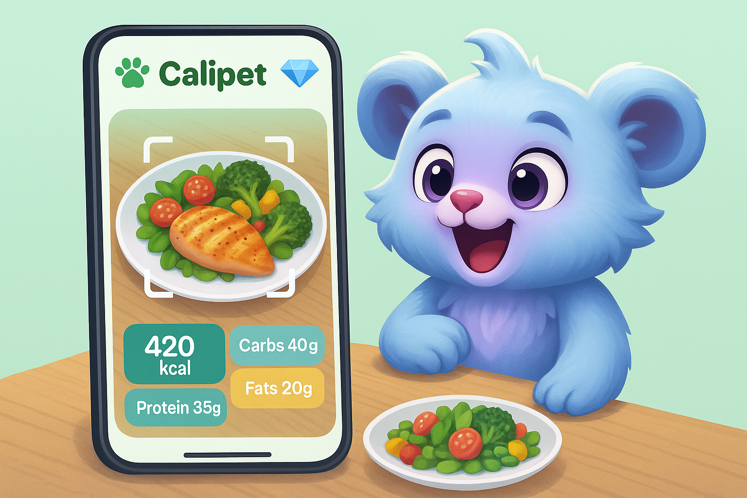 Phone scanning a plate of food with AI estimating macros and calories